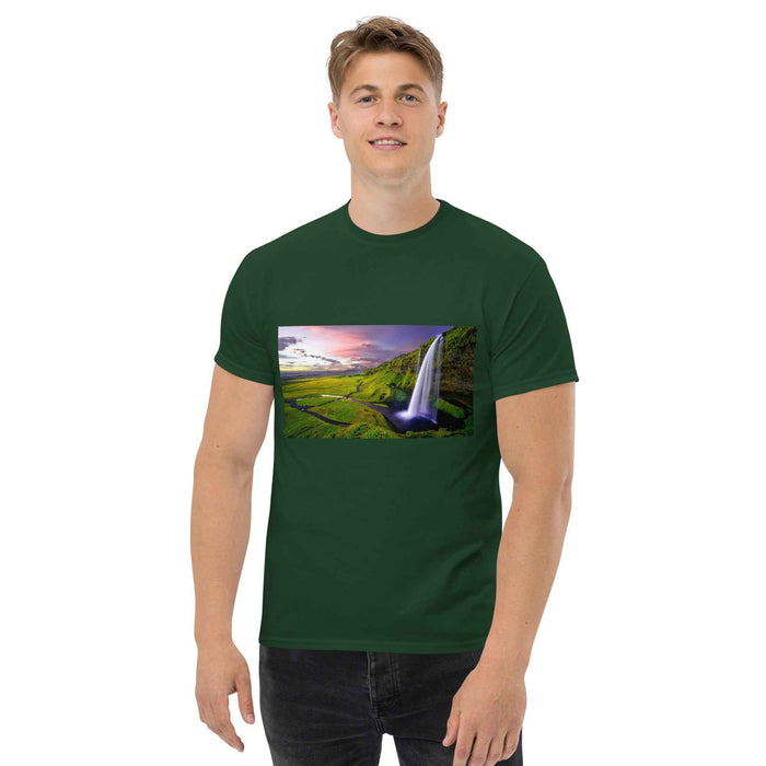 Unisex dark green tee with golden sunset waterfall print