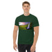 Unisex dark green tee with golden sunset waterfall print