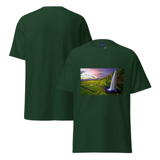Dark green tee with golden sunset waterfall print