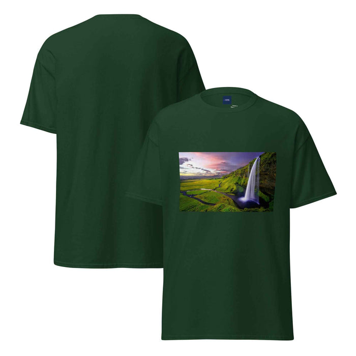 Dark green tee with golden sunset waterfall print