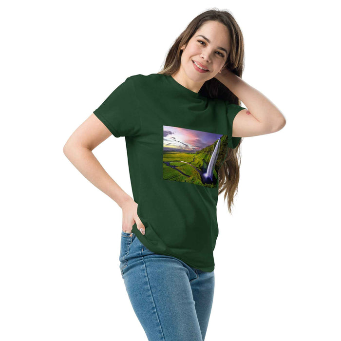 Unisex green tee with golden sunset waterfall print