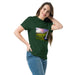 Unisex green tee with golden sunset waterfall print