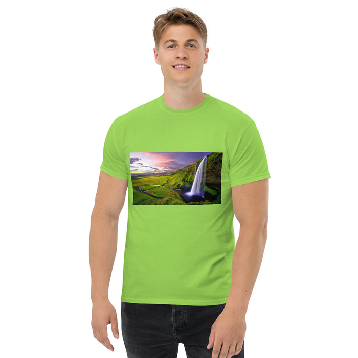 Unisex lime tee with golden sunset waterfall print