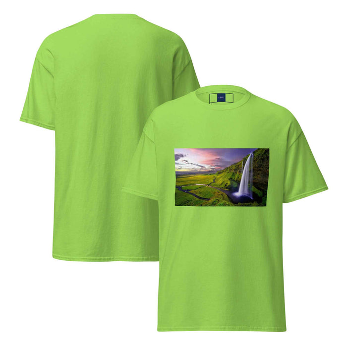 Green tee with golden sunset waterfall print