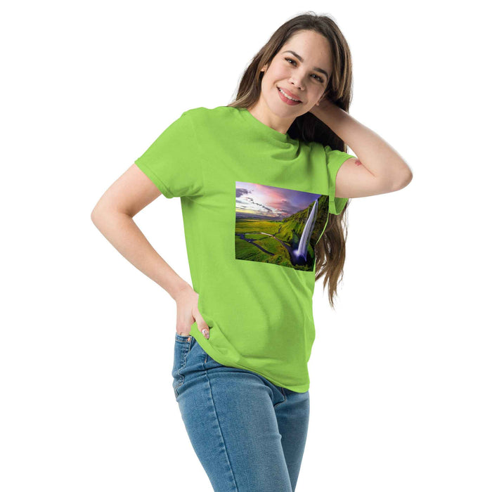 Green tee with golden sunset and waterfall print