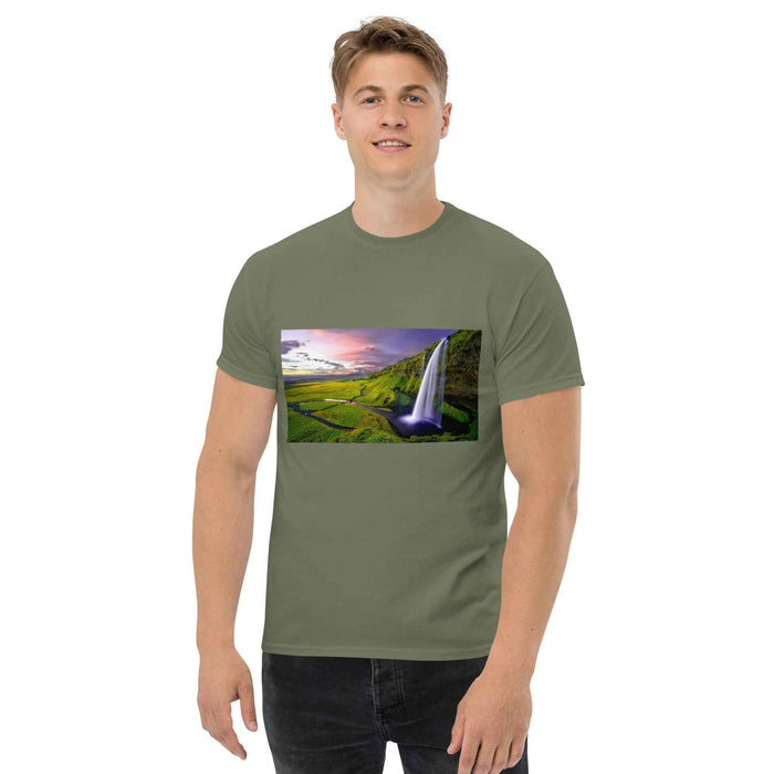 Unisex tee with golden sunset waterfall print