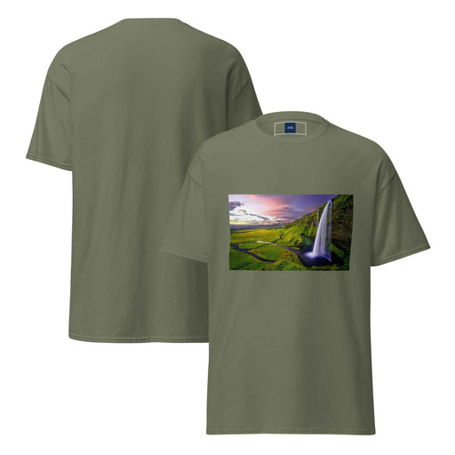 Unisex olive tee with golden sunset waterfall print
