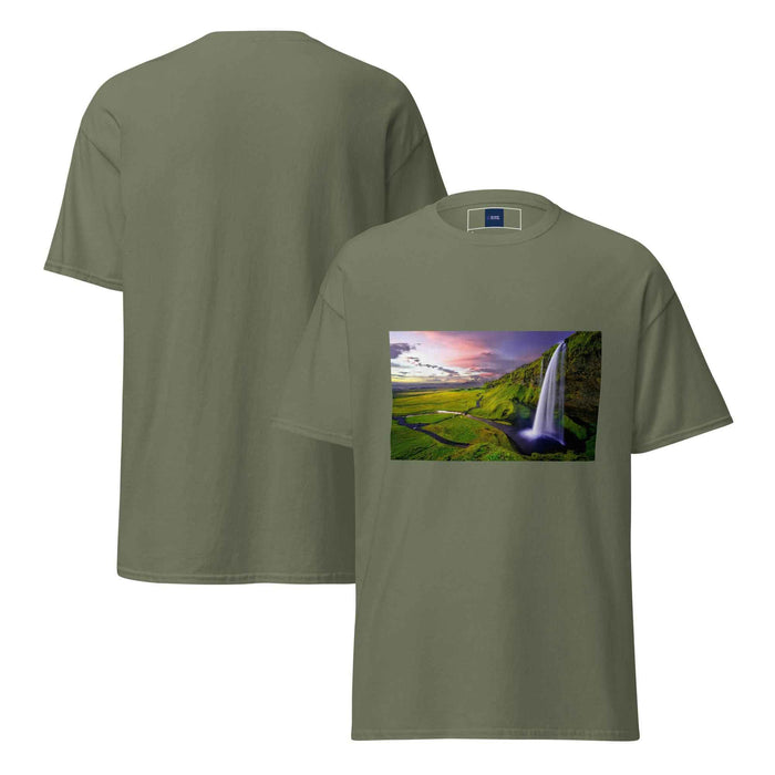Unisex olive tee with golden sunset waterfall print
