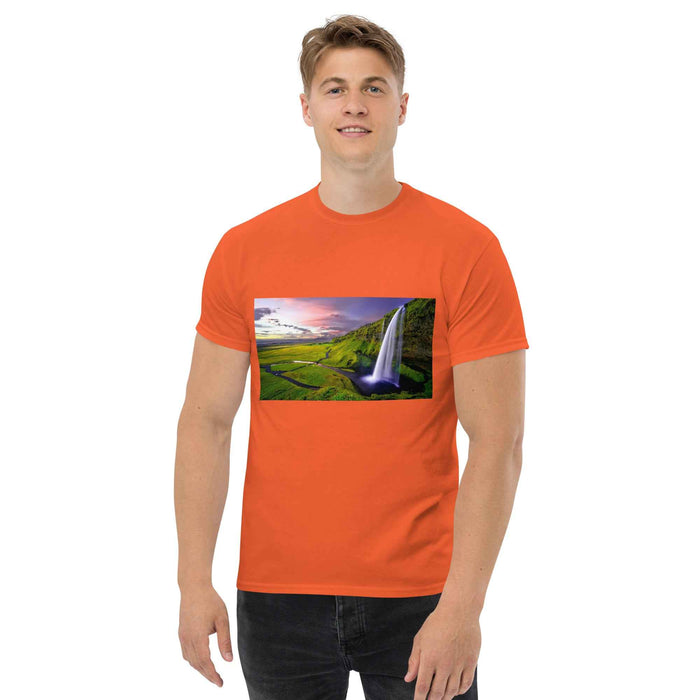 Orange tee with golden sunset waterfall print