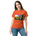 Orange tee with golden sunset waterfall print