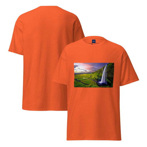 Orange unisex tee with golden sunset waterfall print