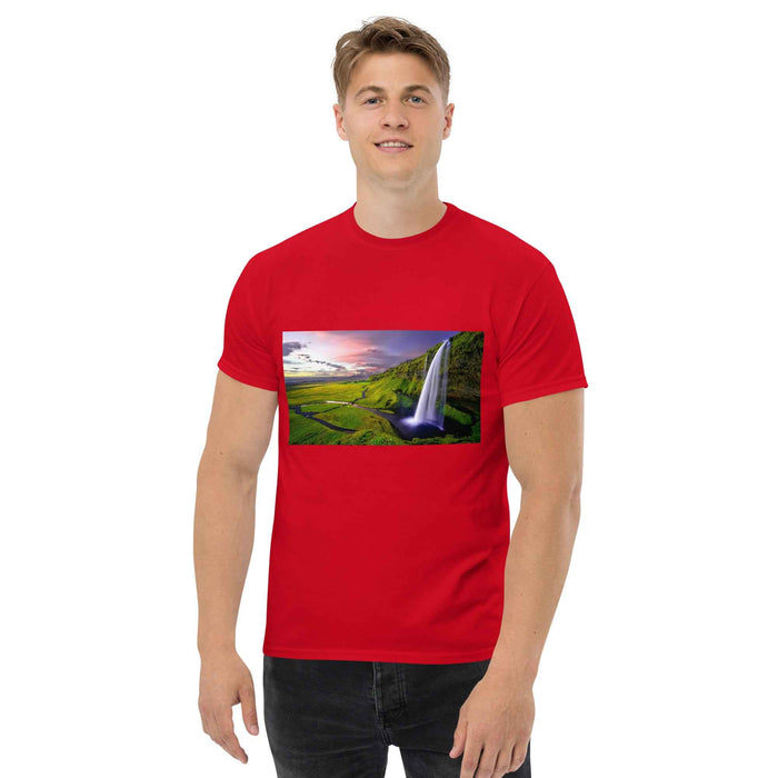 Red tee with golden sunset waterfall print