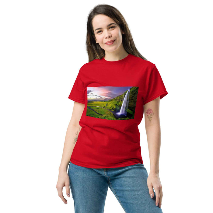Red tee with golden sunset waterfall print