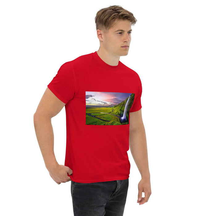 Red tee with golden sunset waterfall print