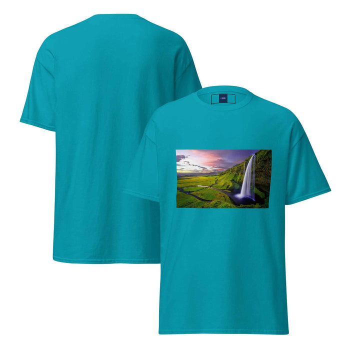 Turquoise tee with golden sunset waterfall print