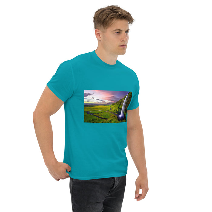 Unisex teal tee with golden sunset waterfall print